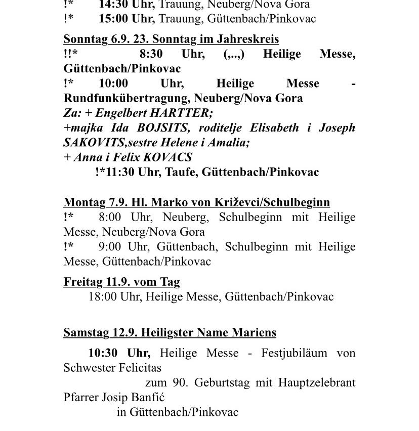Ein Dokument, das verschiedene religiöse Veranstaltungen und Zeiten auflistet, einschließlich Messen, Taufen und Feiern, die an verschiedenen Orten wie Gutenbach und Pinkovac stattfinden.
