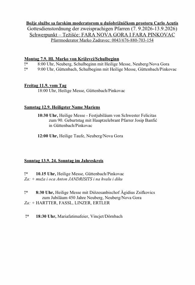 Document detailing religious services and events from July 9 to September 19, 2026, including Mass times, locations, and special events like the 90th birthday celebration of Sister Felicitas.