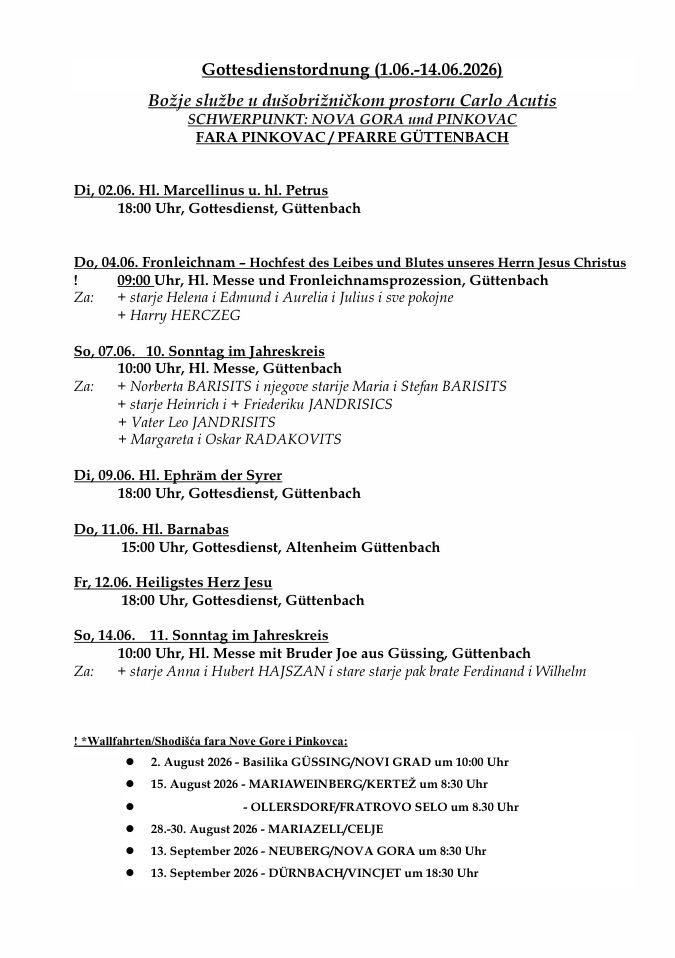 Schedule includes various religious services at Gutenbach, such as Marcelinus, Barnabas, and the Solemnity of the Sacred Heart. It also lists specific dates and times for these events.