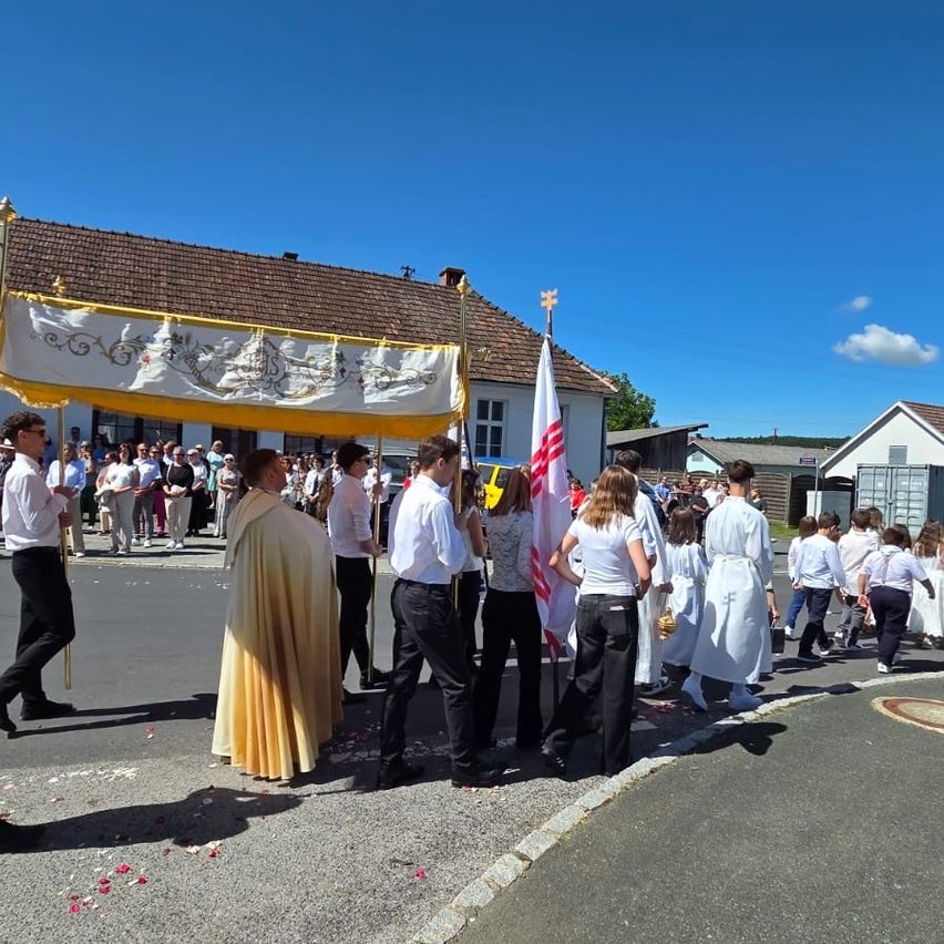A religious procession in progress, with a group of people dressed in white and yellow robes. A priest leads the way, carrying a banner. The event takes place outdoors, with a house in the background.