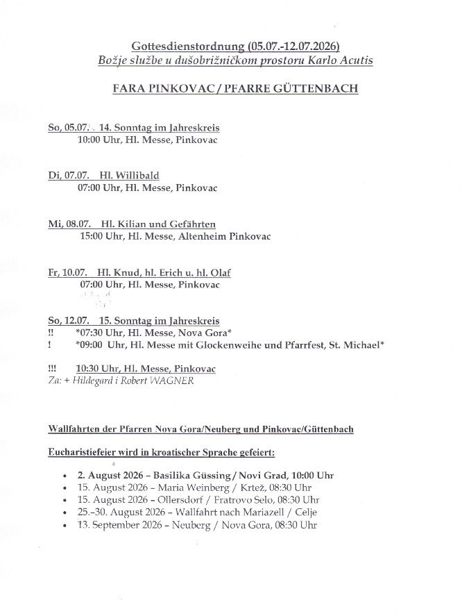 Dokument mit Auflistung von Gottesdiensten mit Datum und Uhrzeit. Gottesdienste finden in Pinkovac und Nova Gora statt. Das Dokument listet auch kommende Wallfahrten auf.