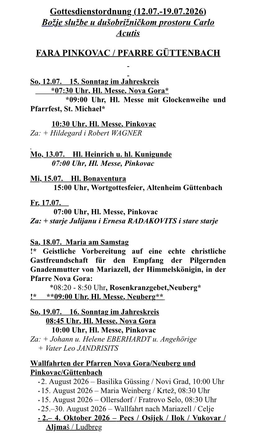 Ein Dokument mit einem Zeitplan für religiöse Messen und Veranstaltungen, einschließlich Messen, Festen und einer geistlichen Vorbereitung für eine Pilgerreise. Der Zeitplan ist in deutscher Sprache und listet Daten, Zeiten und Orte auf.