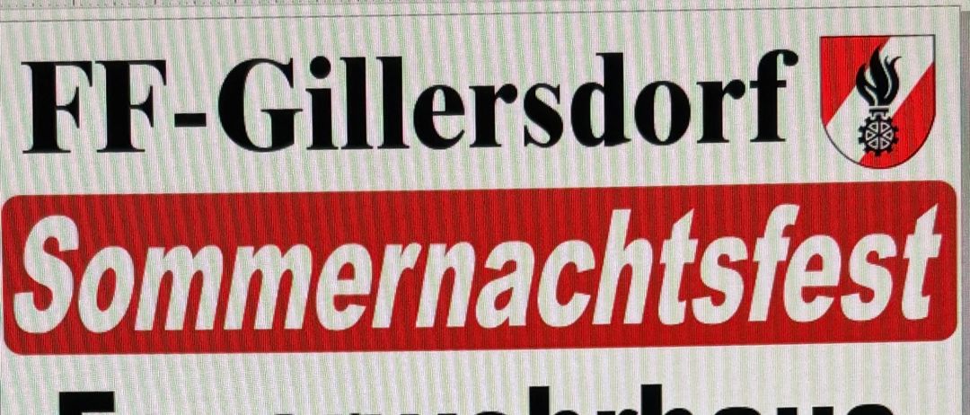 Plakat für das Sommernachtsfest im Feuerwehrhaus in Gillersdorf am 30. August, Beginn um 17:00 Uhr. Mit Grillen, Schatzspielen und Unterhaltung. Enthält Bilder eines Bierkrugs und einer Jukebox.