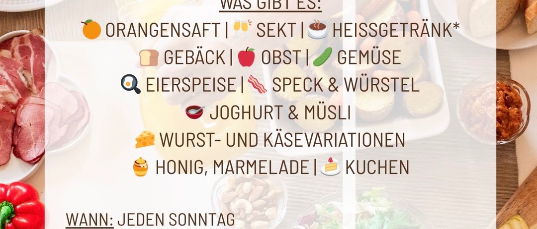 Frühstücksbuffet jeden Sonntag von 8-12 Uhr. Beinhaltet Orangensaft, kalte und heiße Getränke, Brot, Obst, Gemüse, Eier, Käse, Fleisch, Joghurt und Honig. Gelegen im Cafe Sophia, Lindegg 37, Bad Blumau. Reservierung erforderlich. Preis 18€.
