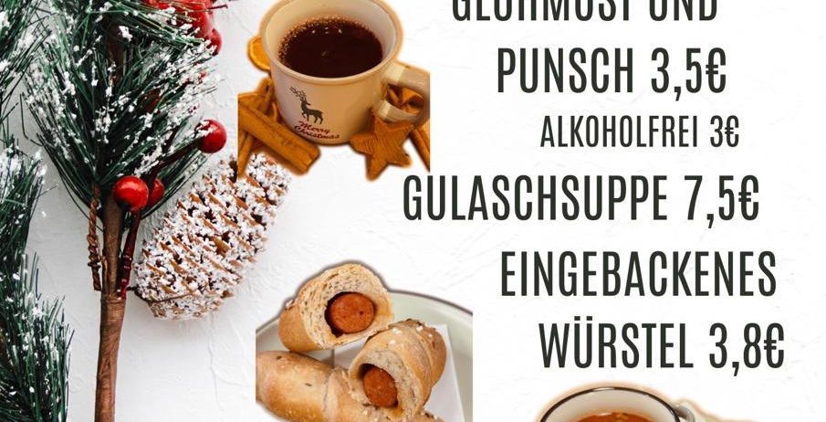 Werbung für Freitagen mit Bildern von Glühwein, Suppe und Würstchen. Preise für Getränke und Essen sind aufgeführt. Termine für die Veranstaltung sind ebenfalls enthalten.