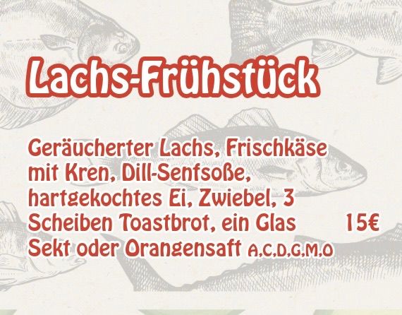 Ein Poster bewirbt Lachs-Frühstück mit geräuchertem Lachs, Frischkäse mit Dill, hartgekochte Eier, Zwiebel, drei Scheiben Toastbrot, ein Glas Saft für 15 Euro.