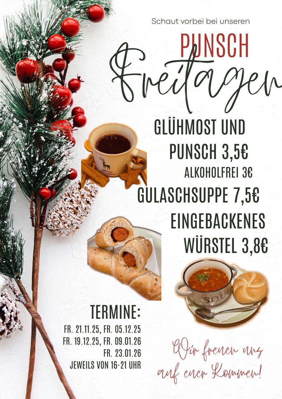 An advertisement with a Christmas theme, featuring a cup of coffee, hot mulled wine, and sausage rolls. Prices listed are: mulled wine and punch for 3.5€, alcohol-free for 3€, glühwein soup for 7.5€, and a pretzel roll for 3.8€. Dates are: Friday, November 21, 2025, and Friday, December 5, 2025.