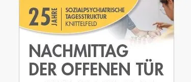Plakat für das 25. Jubiläum der sozialpsychiatrischen Tagesstruktur in Knittfeld. Es lädt ein zum Besuch am 1. Oktober 2026 von 14 bis 18 Uhr in der Bahnstraße 4, 8720 Knittfeld.