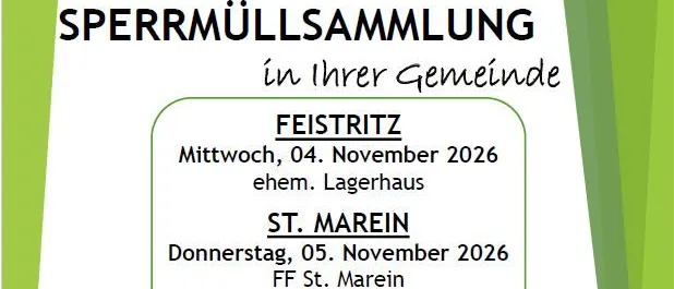 Ein Plakat für eine Abfallsammlung in St. Marein, Österreich. Die Veranstaltung findet am 4. und 5. November 2026 von 10:00 bis 16:00 Uhr statt. Die Veranstaltung nimmt elektronische Abfälle, alte Kühlschränke, Abfallöl, alte Farbe und Alkohol an.
