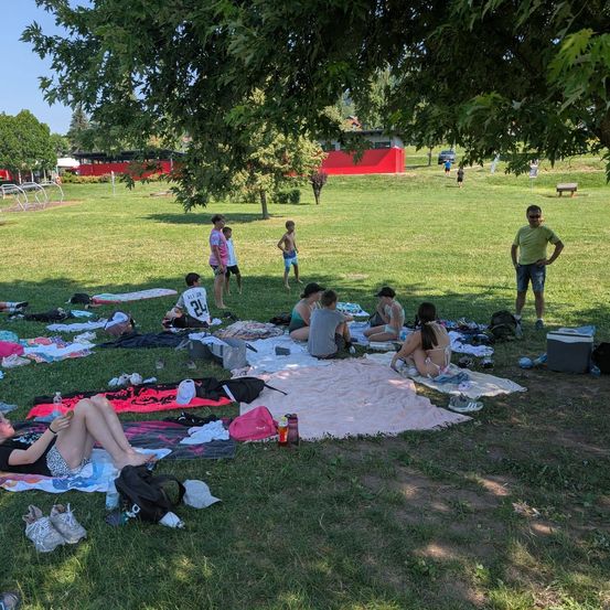 Eine Gruppe von Menschen entspannt sich auf einem Rasenfeld. Einige liegen auf Decken, andere sitzen oder stehen. Im Hintergrund befinden sich Bäume, ein rotes Gebäude und geparkte Autos.