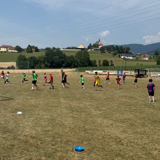 Eine Gruppe von Kindern in verschiedenen farbigen Trikots spielt Fußball auf einem Rasenfeld mit einem Tor im Hintergrund.