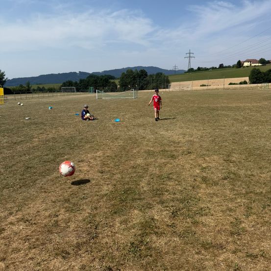 Zwei Kinder spielen Fußball auf einem Grasfeld mit einem Tor im Hintergrund. Ein Kind sitzt, während das andere steht und einen Ball ansieht.