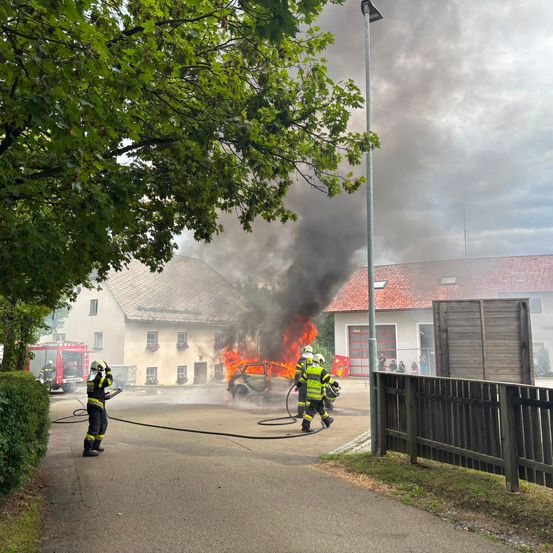 Feuerwehrleute in Schutzkleidung bekämpfen ein Feuer vor einem Haus, wobei Rauch in den Himmel aufsteigt.