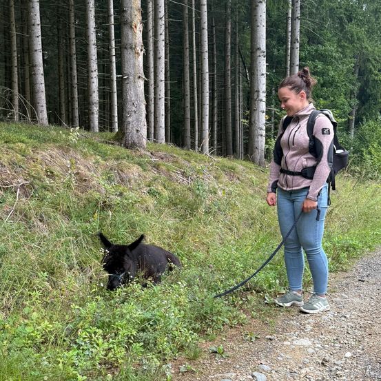 Eine Frau mit Rucksack führt ihren schwarzen Esel auf einem grasigen Pfad, umgeben von hohen Bäumen.