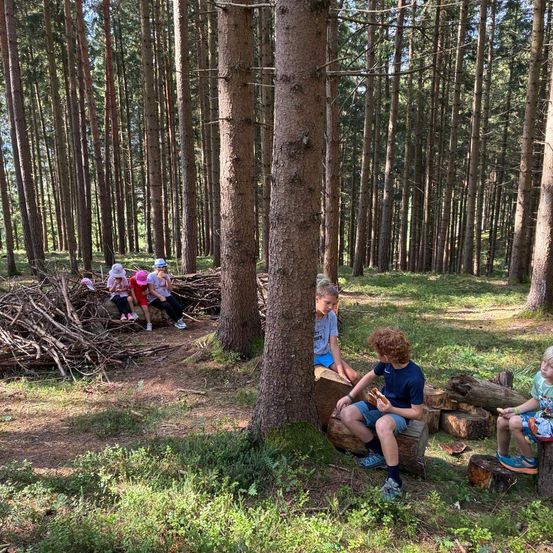 Eine Gruppe von Kindern sitzt auf Baumstümpfen im Wald, einige essen, während andere in der Nähe eines Haufens Äste ruhen.