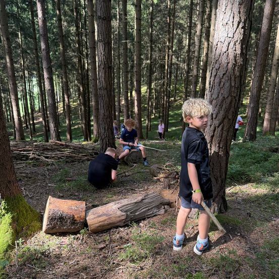 Mehrere Kinder befinden sich in einem Wald, einige sitzen auf Baumstämmen, während andere stehen und Stöcke halten. Ein Junge schaut in die Kamera.