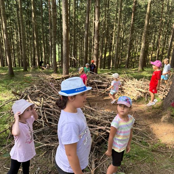 Eine Gruppe von Kindern in Hüten steht in einem Wald und betrachtet einen Haufen Äste. Einige gehen um den Haufen herum.
