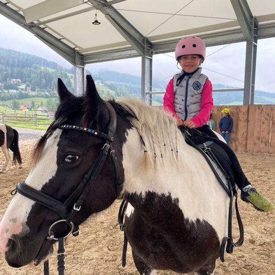 Ein junges Kind in einem rosa Helm reitet ein schwarz-weißes Pferd in einer überdachten Reithalle. Das Pferd trägt ein Zaumzeug und eine bunte Stirnband. Im Hintergrund sind ein weiteres Kind und ein Zaun zu sehen.