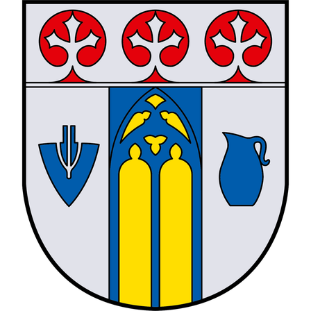 Das Wappen zeigt drei rote Kreise mit Kreuzen oben, einen blauen Schild mit einem weißen Symbol unten links und einen gelben und blauen Bereich mit zwei gelben Figuren in der Mitte.