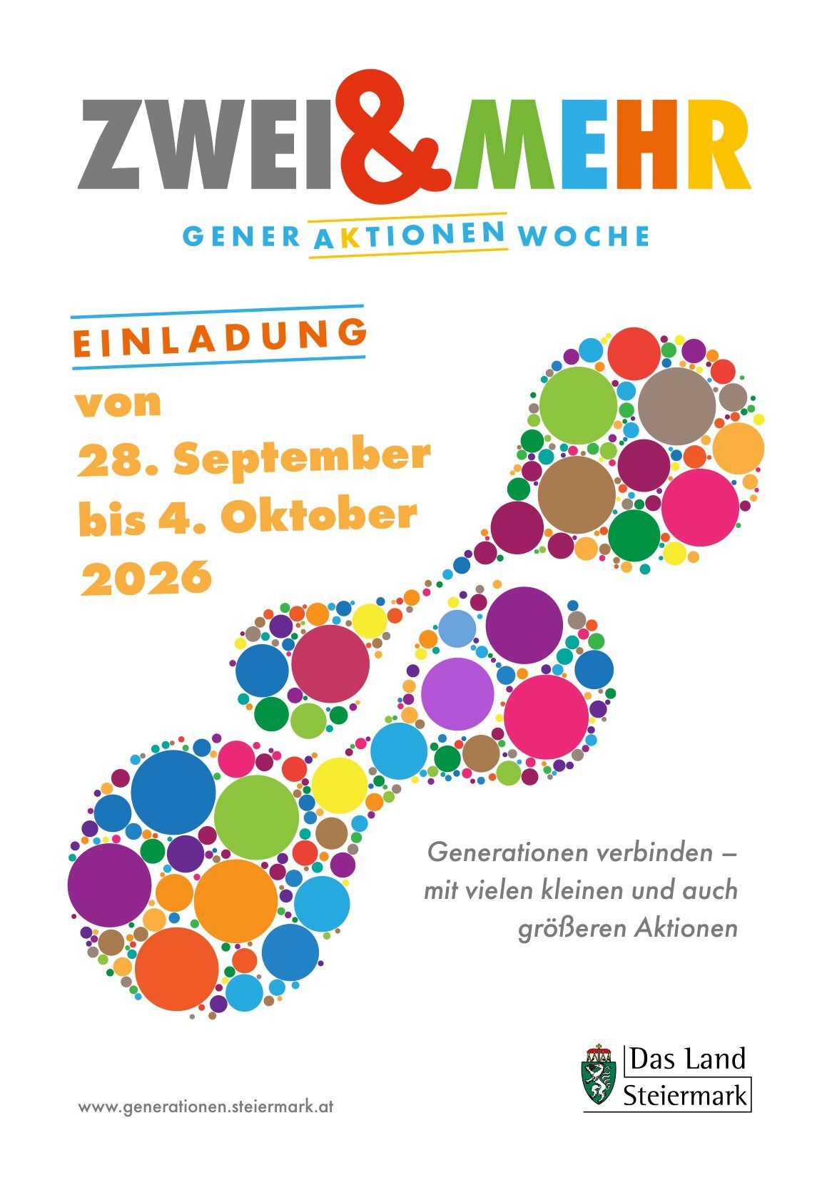 Poster for Generationen Aktionen Woche, featuring a colorful dot pattern and the dates September 28 to October 4, 2026. The text invites to connect generations through various actions.