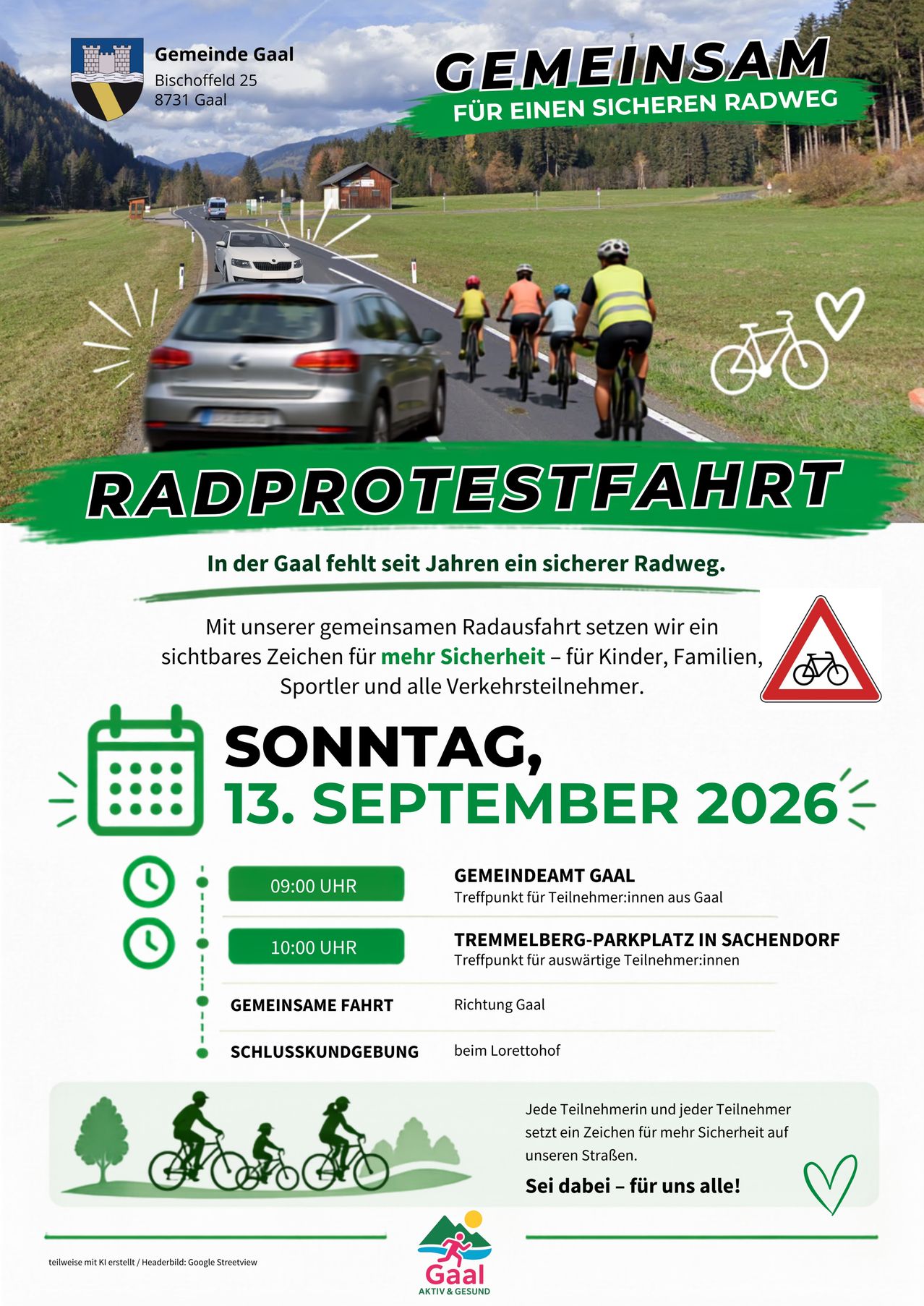 Ein Plakat für eine Fahrrad-Protestfahrt in Gaal, Österreich, am 13. September 2026. Es zeigt Radfahrer, ein Auto und ein Schild für einen sicheren Radweg. Die Veranstaltung zielt darauf ab, ein sichtbares Zeichen für Sicherheit für Kinder, Familien, Sportler und alle Verkehrsteilnehmer zu schaffen.