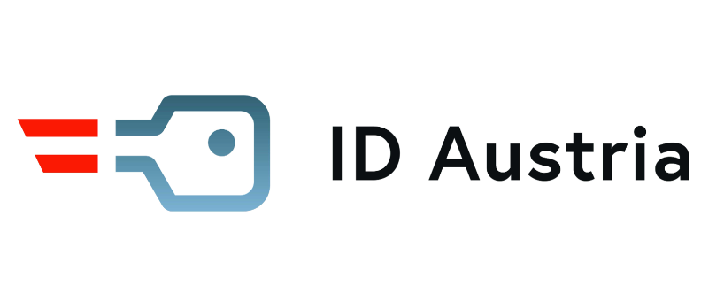 Das ID Austria Logo zeigt einen stilisierten Schlüssel mit einem roten Streifen und einem Punkt, gefolgt vom Text 'ID Austria' in fetter schwarzer Schrift.