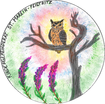Eine Illustration einer Eule, die auf einem Ast sitzt, mit einem Sonnenuntergang im Hintergrund. Der Baum hat lila Blumen und der Text 'Kindergarten St. Marien-Feistritz' steht in der oberen linken Ecke.