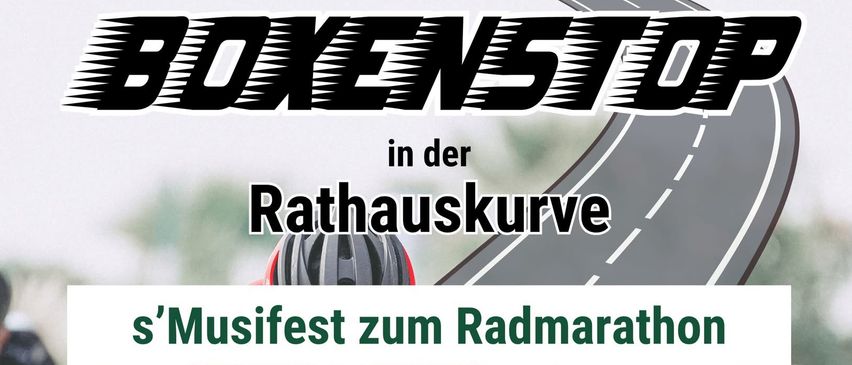 Eine Werbung für ein Musikfestival in der Rathauskurve mit Live-Musik und einem Marathon. Veranstaltungen umfassen die Übertragung eines Fußballspiels, einen Musikmarathon mit Bands und ein Sonntagsfrühstück mit der Marktkapelle Bad Schallerbach.