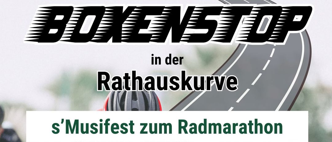 Eine Werbung für ein Musikfestival in der Rathauskurve mit Live-Musik und einem Marathon. Veranstaltungen umfassen die Übertragung eines Fußballspiels, einen Musikmarathon mit Bands und ein Sonntagsfrühstück mit der Marktkapelle Bad Schallerbach.