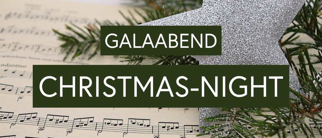 Ein silberner Stern auf einem Weihnachtsnotenblatt mit den Worten 'Galaabend Christmas-Night' in weiß geschrieben.