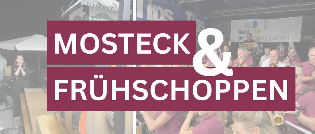 Ein Werbebild für Mosteck und Ruhschopp mit einer Band auf der Bühne, einem großen Fass im Vordergrund und Menschen im Hintergrund.