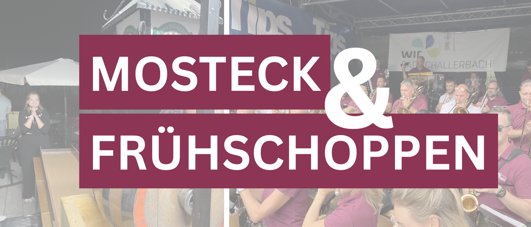 Ein Werbebild für Mosteck und Ruhschopp mit einer Band auf der Bühne, einem großen Fass im Vordergrund und Menschen im Hintergrund.