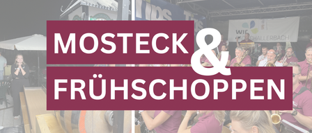 Ein Werbebild für Mosteck und Ruhschopp mit einer Band auf der Bühne, einem großen Fass im Vordergrund und Menschen im Hintergrund.