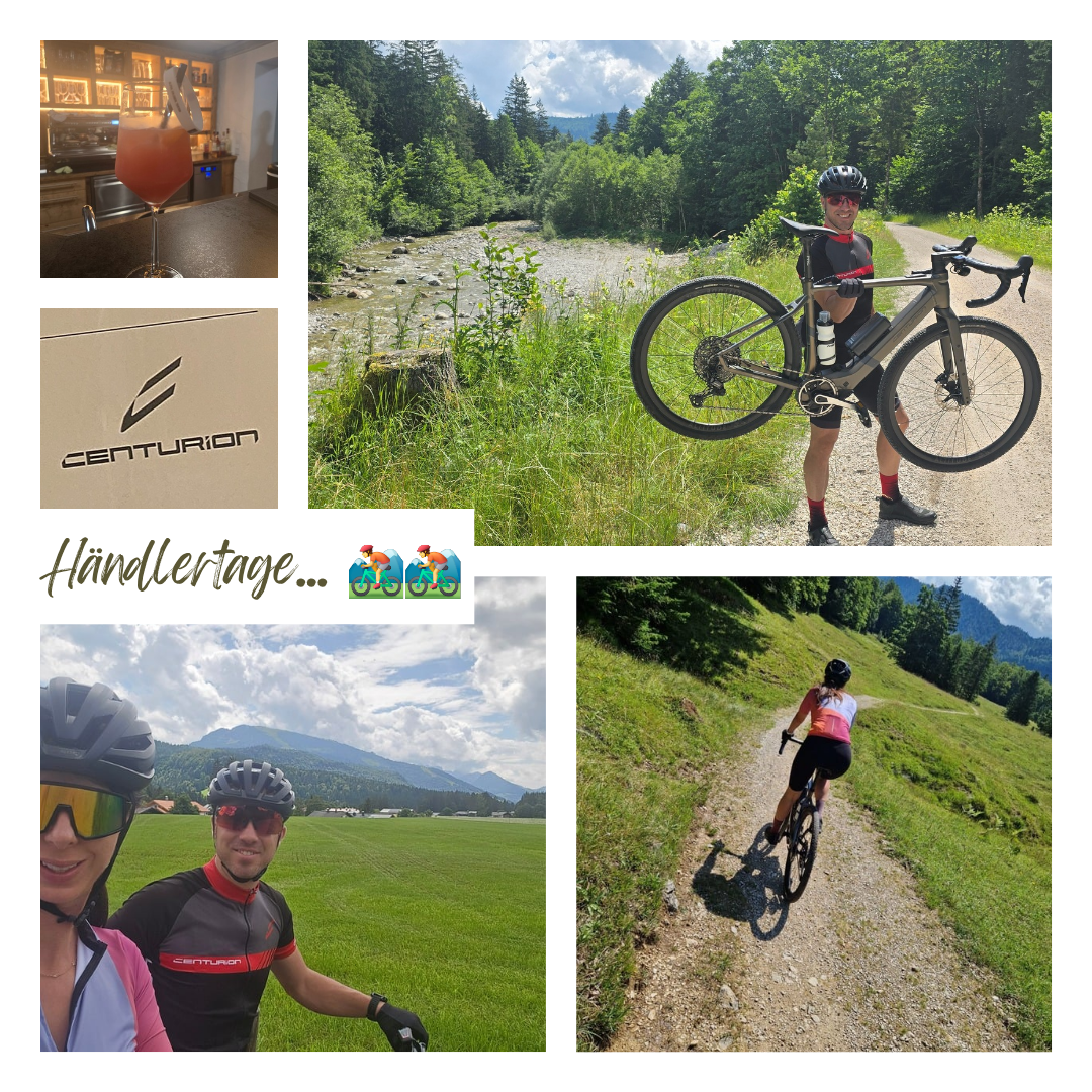 Mehrere Bilder zeigen Radfahrer in der Natur, ein Centurion-Markenlogo und ein Getränk. Ein Radfahrer hält ein Fahrrad mit einer Wasserflasche. Ein anderer fährt auf einem Pfad.