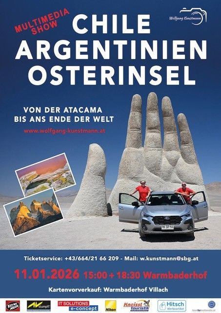Ein Plakat für eine Multimedia-Show über Chile, Argentinien und Osteuropa. Es zeigt ein Auto und eine Handskulptur mit zwei Personen und enthält Kontaktinformationen.