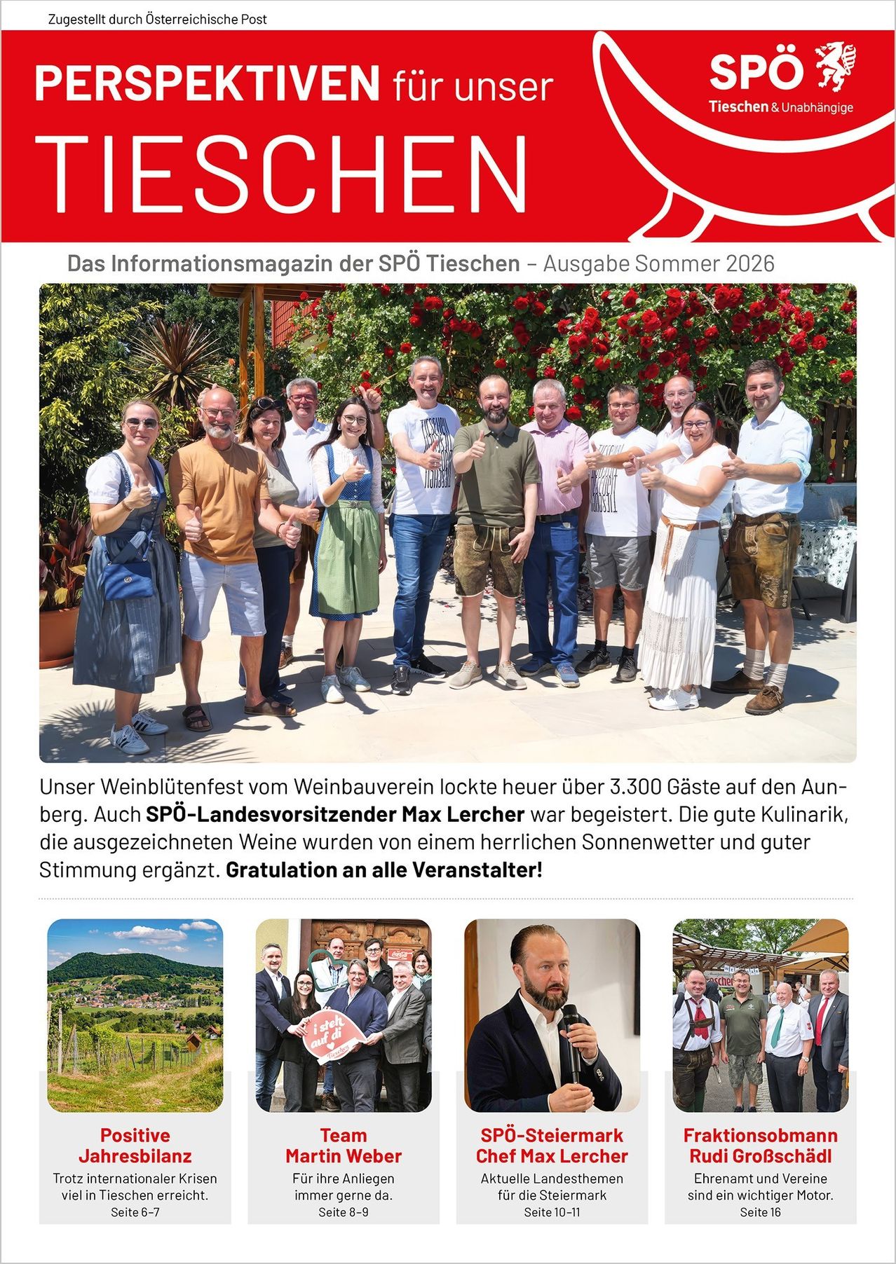 A group of people, including SPD-Landesvorsitzender Max Lecher, are standing together in front of a backdrop of plants and flowers, smiling and posing for a photo. The text below mentions a wine festival with over 3,300 guests.