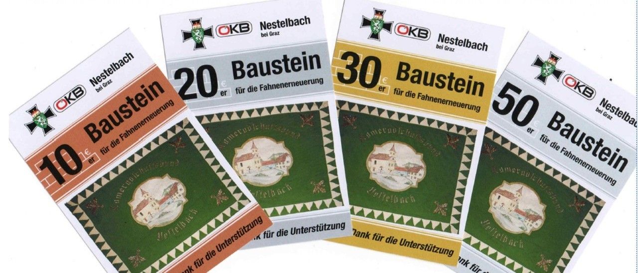 Fünf Gutscheine für die Flaggenerneuerung aus Nestelbach bei Graz sind ausgestellt. Jeder Gutschein hat einen einzigartigen Nennwert von 20€ und 30€. Die Gutscheine haben ein grünes und gelbes Design mit architektonischen Bildern. Der Text auf den Gutscheinen lautet 'Herzlichen Dank für die Unterstützung'.