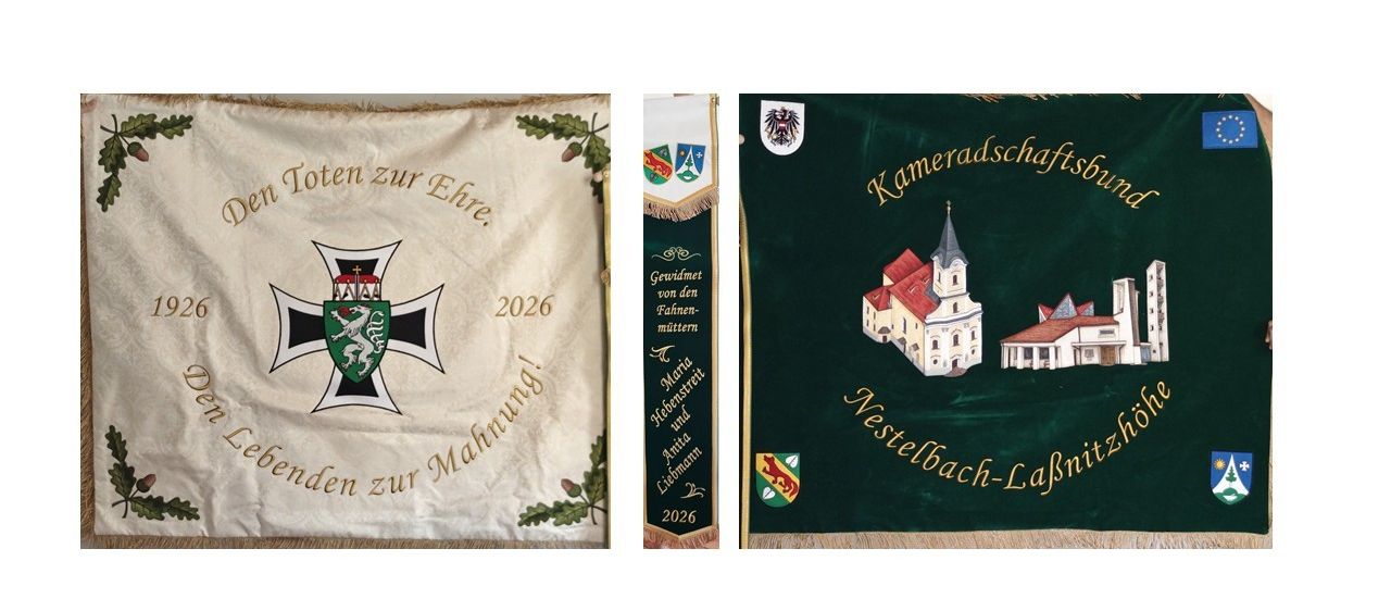Zwei Banner mit deutschem Text und Emblemen. Eines hat ein Kreuz und den Text 'Toten zur Ehre'. Das andere hat eine Kirche und den Text 'Kameradschaftsbund Nestelbbach-Labnitz'. Beide haben das Jahr 2026.