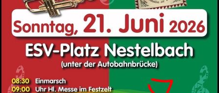 Ein Plakat kündigt Fruehschopppen am Sonntag, 21. Juni 2026 auf dem ESV-Platz in Nestelbach an. Es gibt Essen, Getränke und einen Spielplatz für die jüngeren Gäste. Die Anmeldung beginnt am 20. Juni.