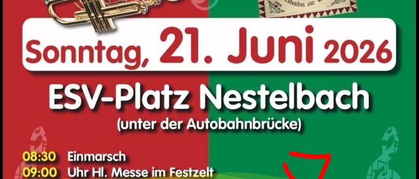 Ein Plakat kündigt Fruehschopppen am Sonntag, 21. Juni 2026 auf dem ESV-Platz in Nestelbach an. Es gibt Essen, Getränke und einen Spielplatz für die jüngeren Gäste. Die Anmeldung beginnt am 20. Juni.