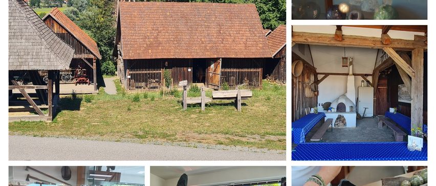 Eine Collage von Bildern, die ein rustikales Haus, einen Mineralienladen und eine Ausstellung von Kristallen zeigt. Das erste Bild ist ein Haus mit einem braunen Dach und einem Weg, der zu ihm führt. Das zweite Bild ist ein Laden mit einer Glasvitrine, die mit verschiedenen Kristallen gefüllt ist. Das dritte Bild ist eine Ausstellung von Kristallen, die von der Decke hängen.