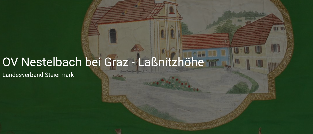 Eine Malerei einer Kirche mit roten Dächern und Blumen im Vordergrund. Der Text lautet 'Stelbach bei Graz - Lafnitzhöhe und Steiermark.'