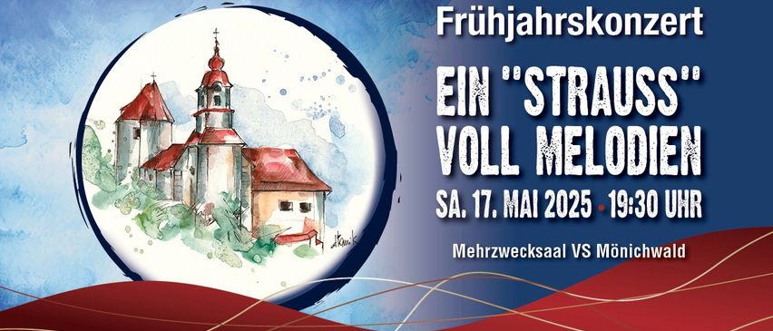 Plakat für das Frühjahrsfest mit einer Aquarellzeichnung einer Kirche mit roten Dächern und einem Glockenturm und dem Text 'Ein Strau Voll Melo'