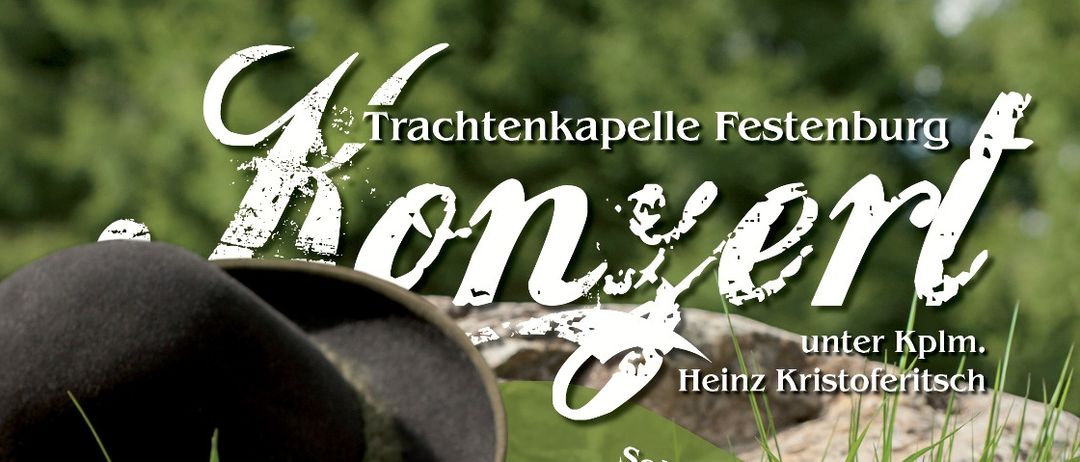 Plakat für ein Musikereignis. Es zeigt einen Hut, eine französische Horn und Notenblätter. Das Datum ist der 2. Mai 2026 um 19:30 Uhr. Die Veranstaltung wird von VS Monichwald gesponsert.