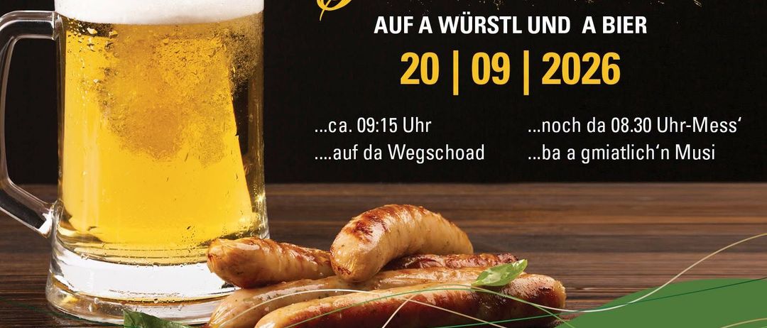 Werbeplakat für eine Wurst- und Bierveranstaltung am 20. September 2026 mit einem Glas Bier und Würsten auf einer Holzoberfläche.