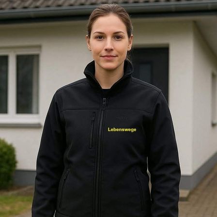 Eine Frau steht vor einem Haus in einer schwarzen Jacke mit gelbem Schriftzug 'Lebenswege'. Sie schaut nach rechts und lächelt.