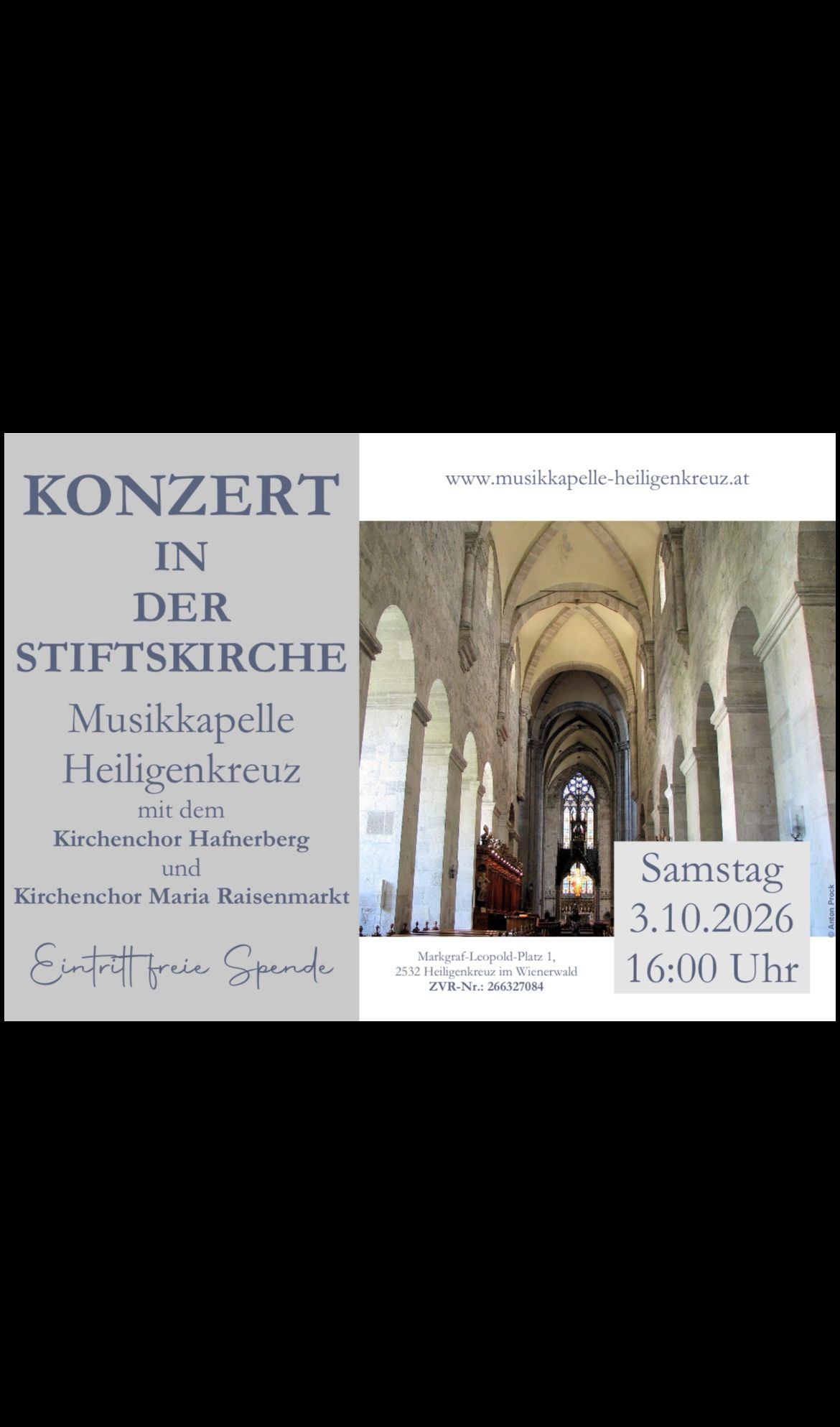 Poster for a concert by Musikkapelle Heiligenkreuz, featuring a church interior and details about the event. Date: October 3, 2026, time: 4:00 PM.