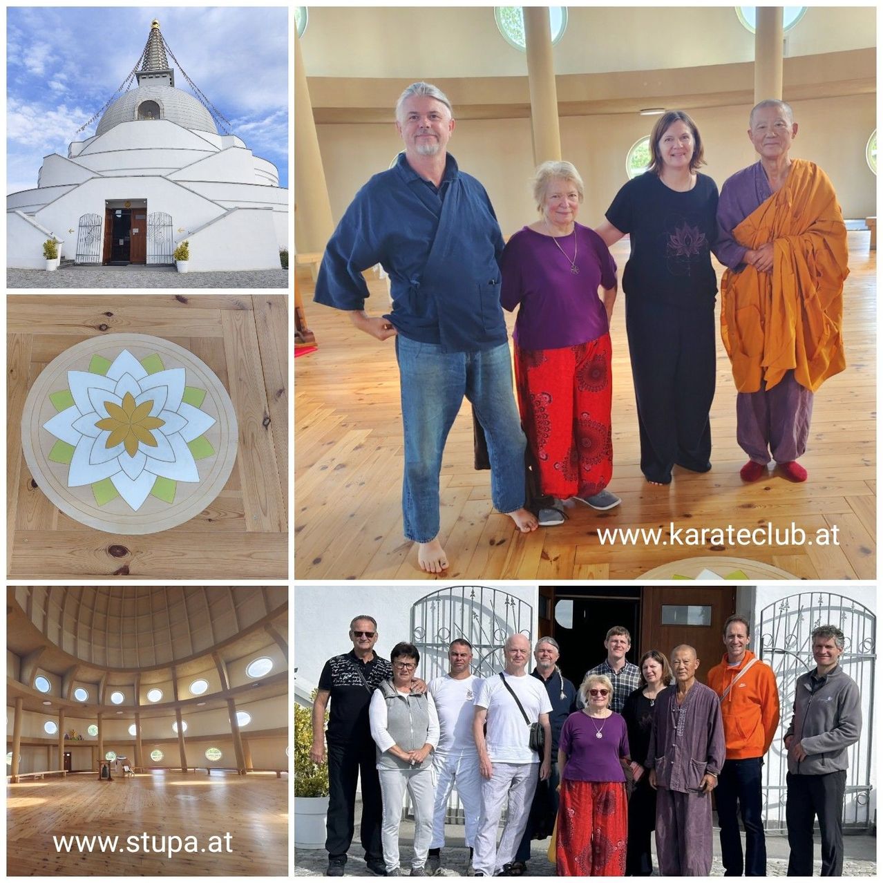 Eine Collage von Fotos mit einem weißen buddhistischen Tempel, einer Gruppe von Menschen in einem Saal, einem Blumendesign auf Holz und einer Gruppe vor einem Gebäude.