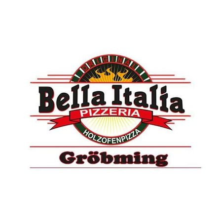 Logo für Bella Italia Pizzeria, ein Holzofenpizza-Restaurant in Großböming, mit einer Flamme und italienischen Flaggenfarben.