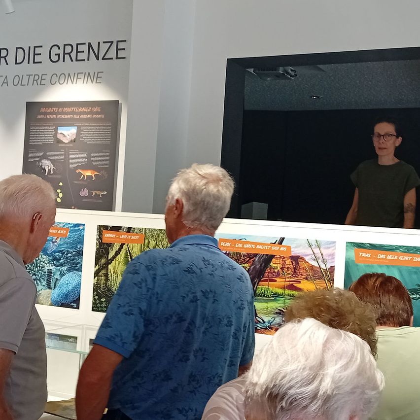 Eine Gruppe von Menschen steht um eine Wand mit verschiedenen Postern und einer Frau, die auf einer Leinwand eine Präsentation hält.